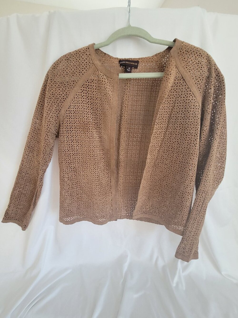 Dana Buchman Jacket Womens XS Brown Tax Faux Suede Laser Cut Open Front Jacket